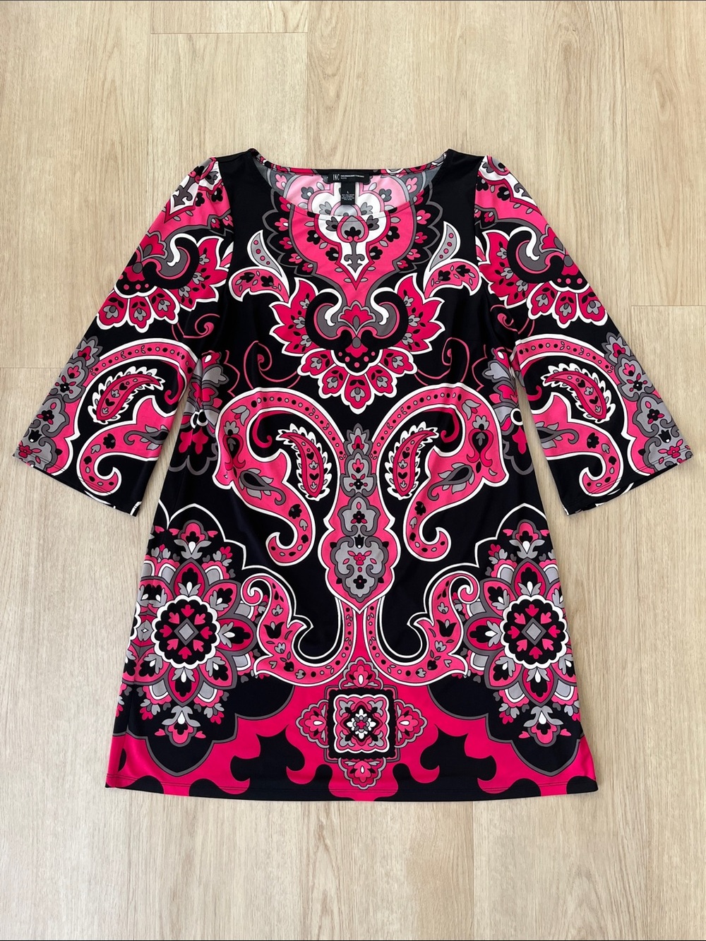 Like New INC Black Pink Paisley Long Sleeve Shift Dress in Women's Large Petite